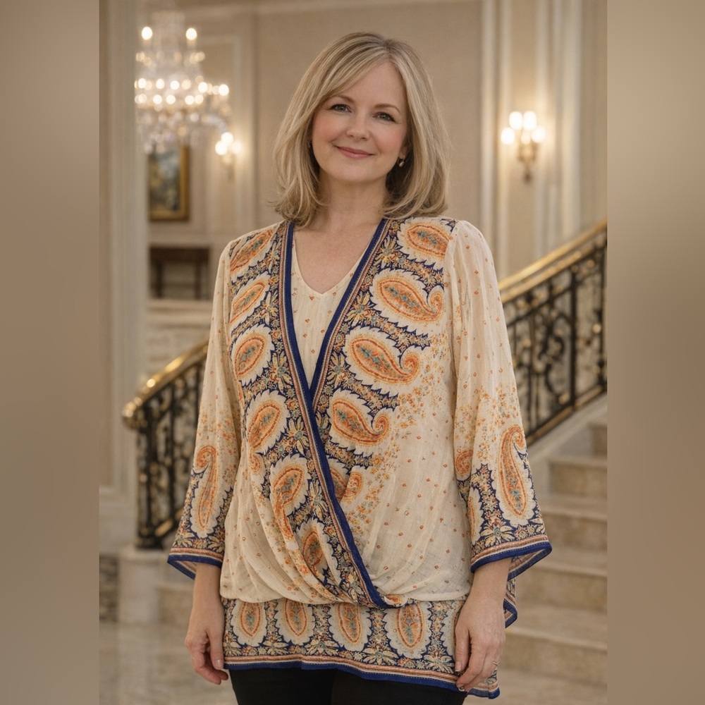 Chicos 3 Kimono Sleeve Surplice Blouson  Paisley Chiffon. NWT. Vneck.‎ Women 16
